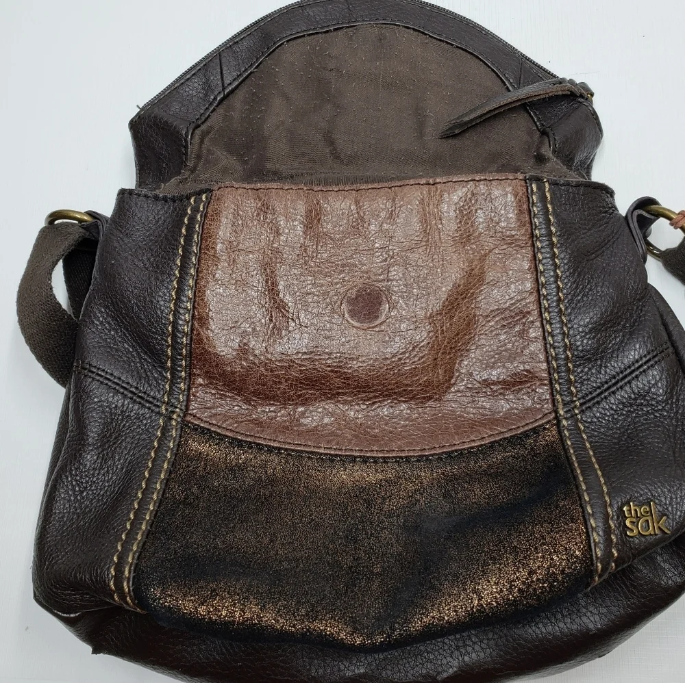 The Sak Deena Leather Crossbody Hobo Bag Foldover Multi Texture Shimmer - Picture 6 of 16